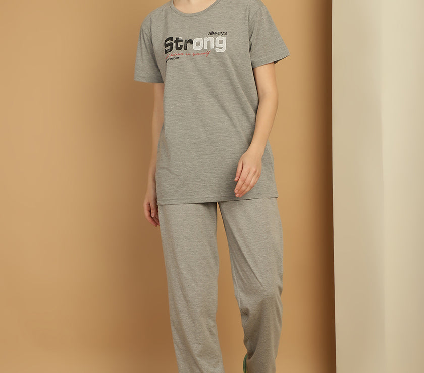 Mack Jonney Grey Melange Cotton Printed Co-ord Set Tracksuit For Women