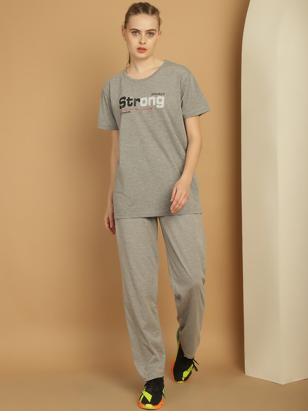 Mack Jonney Grey Melange Cotton Printed Co-ord Set Tracksuit For Women