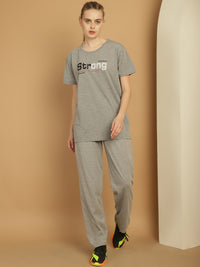 Mack Jonney Grey Melange Cotton Printed Co-ord Set Tracksuit For Women