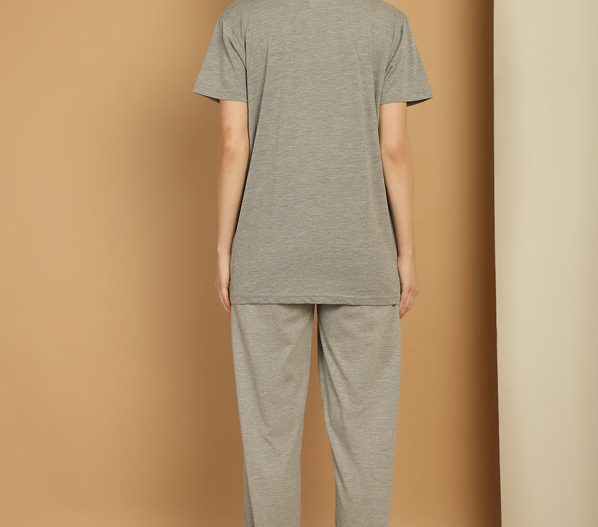 Mack Jonney Grey Melange Cotton Printed Co-ord Set Tracksuit For Women