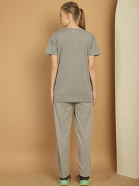 Mack Jonney Grey Melange Cotton Printed Co-ord Set Tracksuit For Women