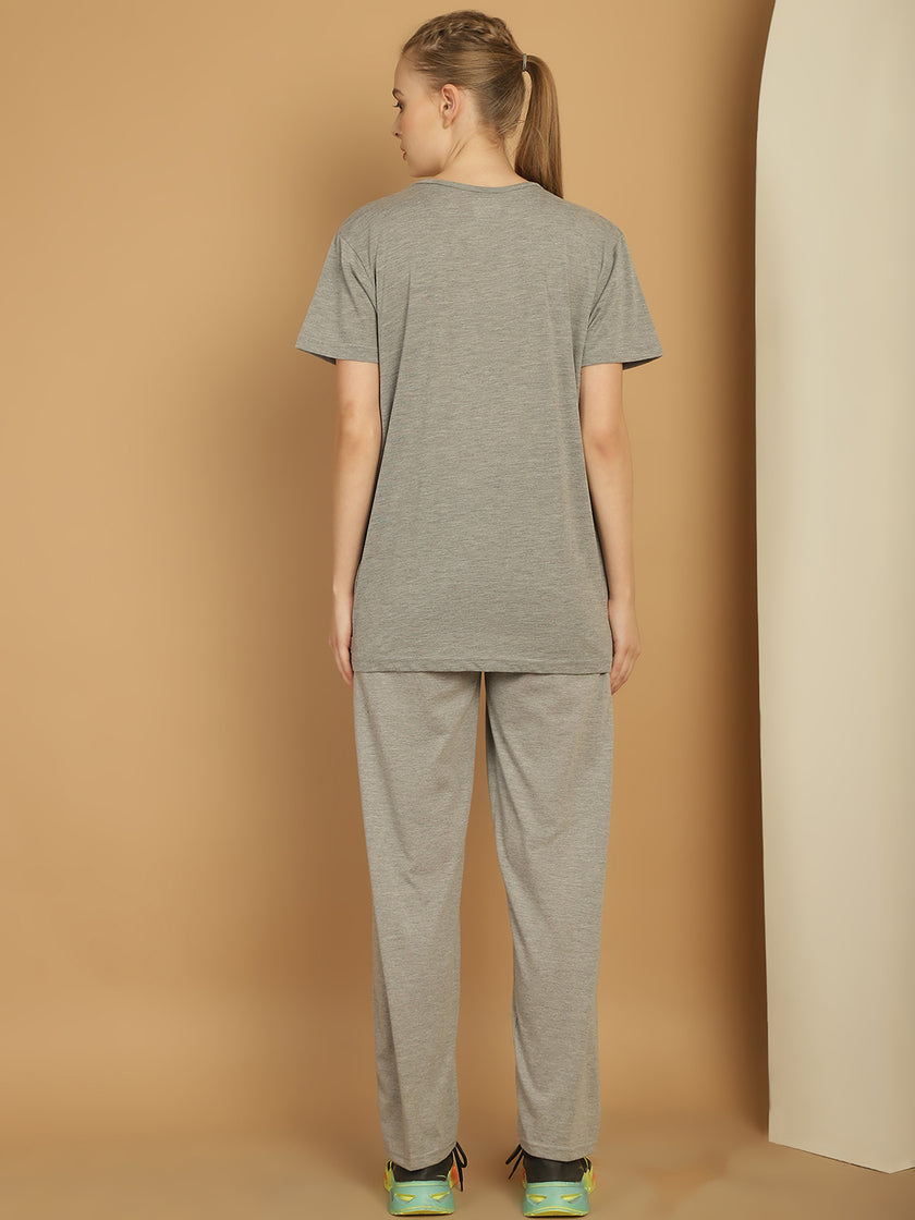 Mack Jonney Grey Melange Cotton Printed Co-ord Set Tracksuit For Women