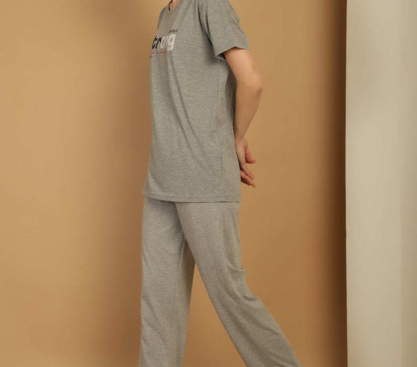Mack Jonney Grey Melange Cotton Printed Co-ord Set Tracksuit For Women