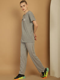Mack Jonney Grey Melange Cotton Printed Co-ord Set Tracksuit For Women