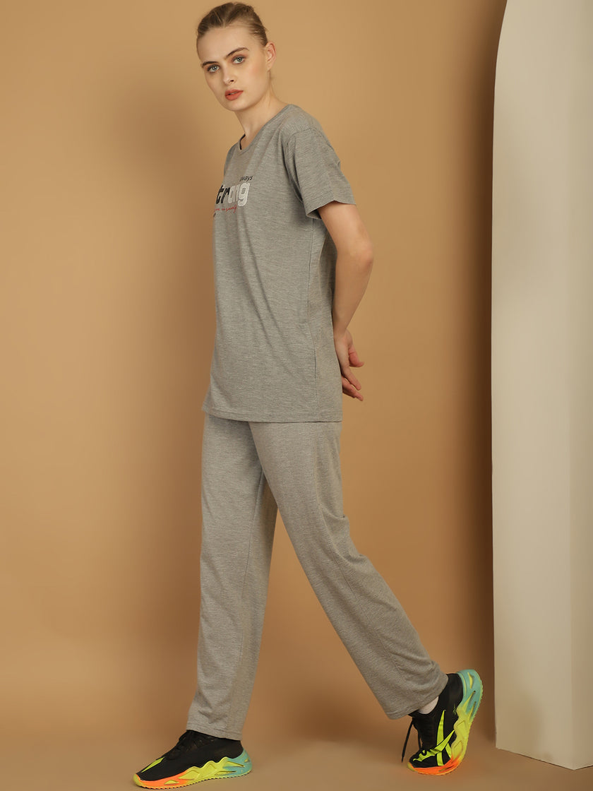 Mack Jonney Grey Melange Cotton Printed Co-ord Set Tracksuit For Women