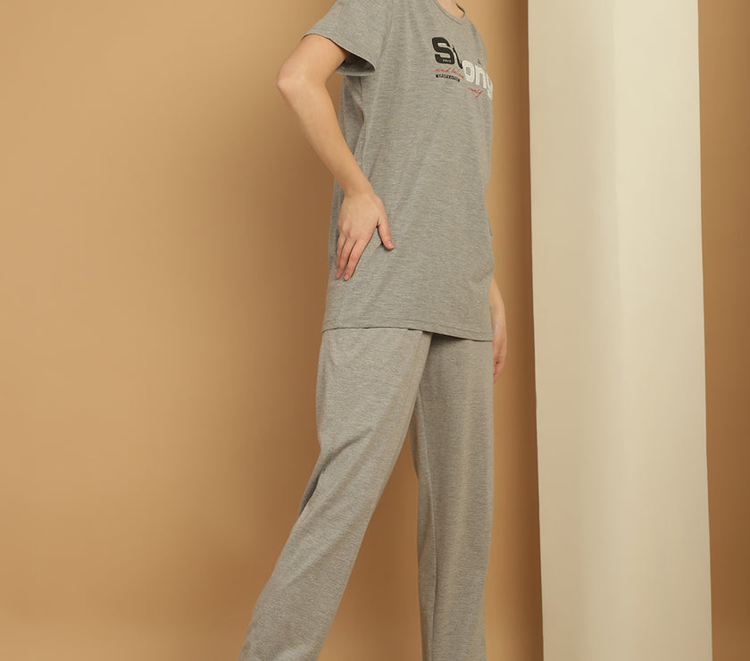 Mack Jonney Grey Melange Cotton Printed Co-ord Set Tracksuit For Women