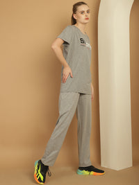 Mack Jonney Grey Melange Cotton Printed Co-ord Set Tracksuit For Women