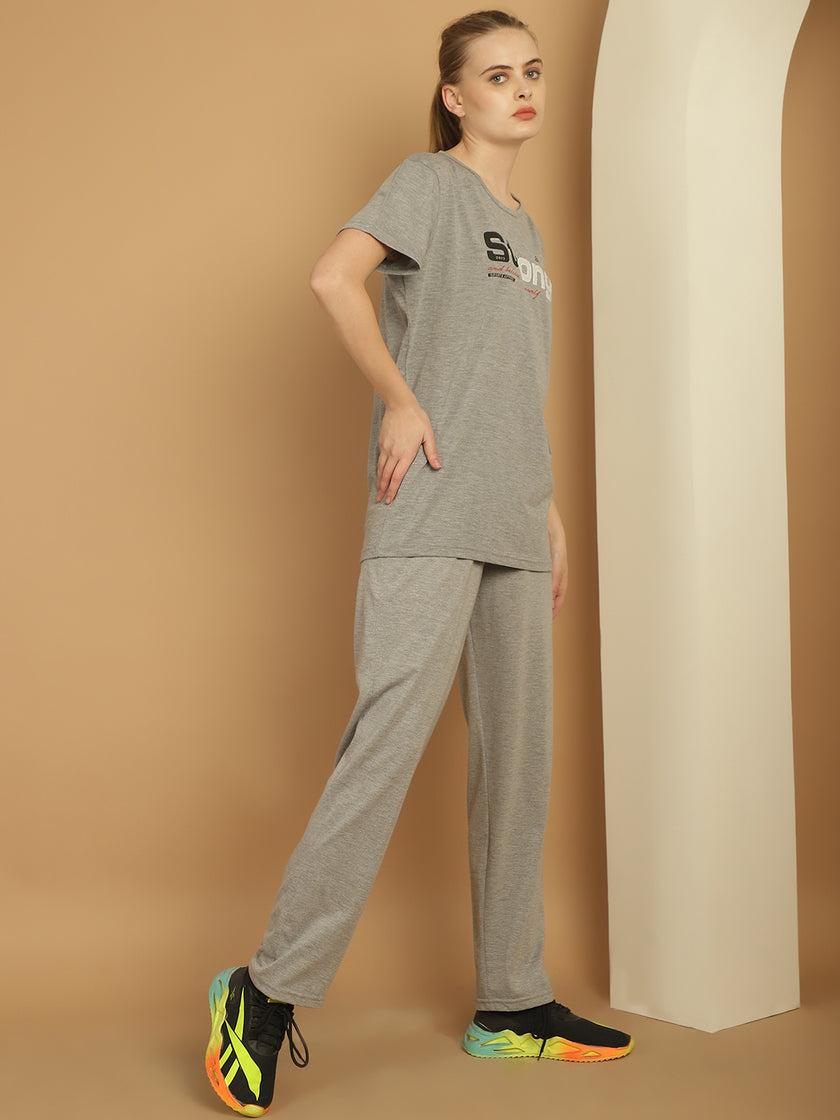 Mack Jonney Grey Melange Cotton Printed Co-ord Set Tracksuit For Women