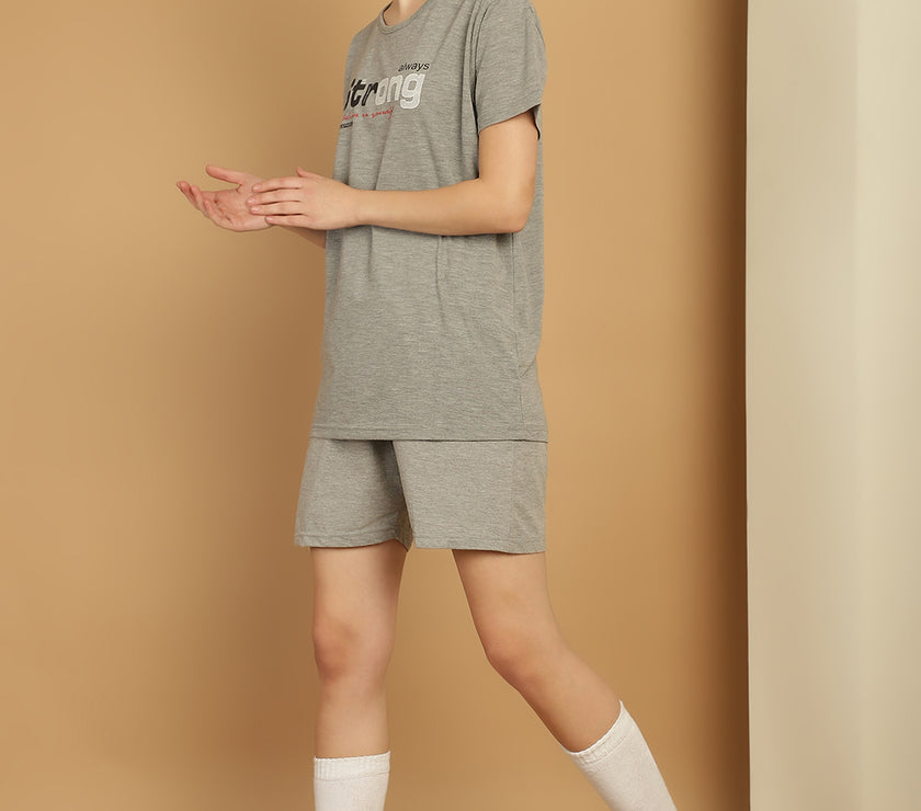 Mack Jonney Printed  Silver Round Neck Cotton  Half sleeves Co-ord set Tracksuit For Women