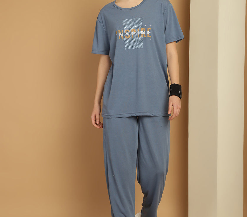 Mack Jonney Dark Grey Cotton Printed Co-ord Set Tracksuit For Women