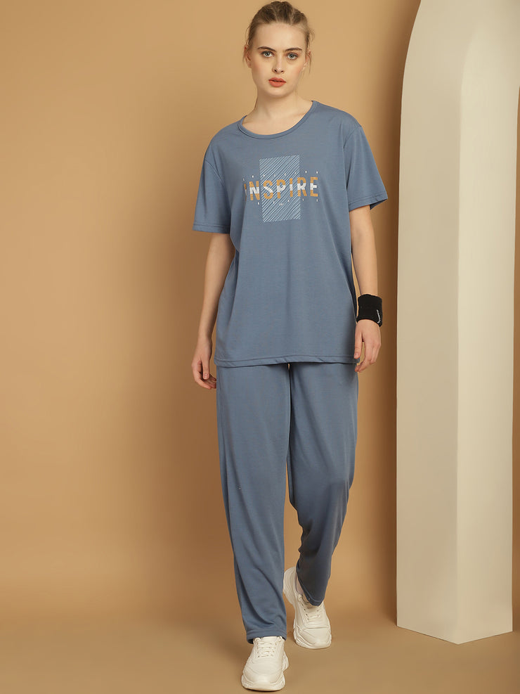 Mack Jonney Dark Grey Cotton Printed Co-ord Set Tracksuit For Women