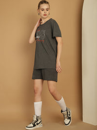 Mack Jonney Printed  Grey Round Neck Cotton  Half sleeves Co-ord set Tracksuit For Women