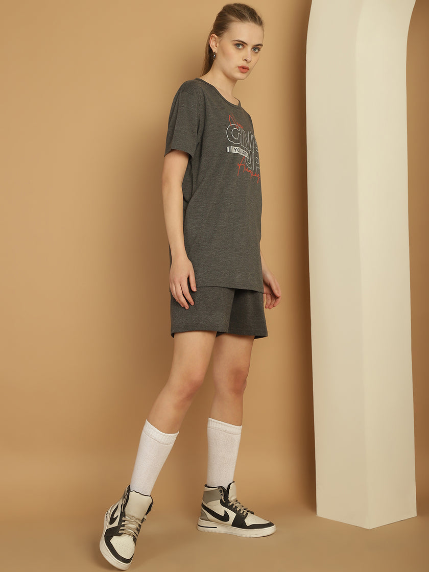 Mack Jonney Printed  Grey Round Neck Cotton  Half sleeves Co-ord set Tracksuit For Women