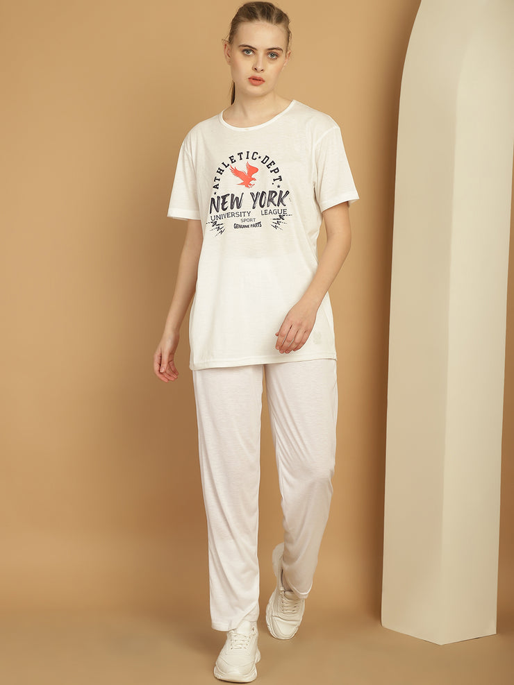 Mack Jonney Printed  White Round Neck Cotton  Half sleeves Co-ord set Tracksuit For Women