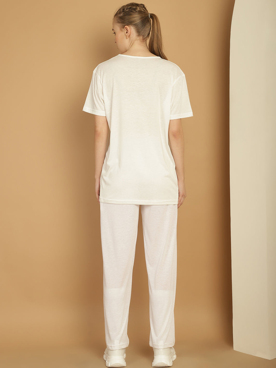 Mack Jonney Printed  White Round Neck Cotton  Half sleeves Co-ord set Tracksuit For Women