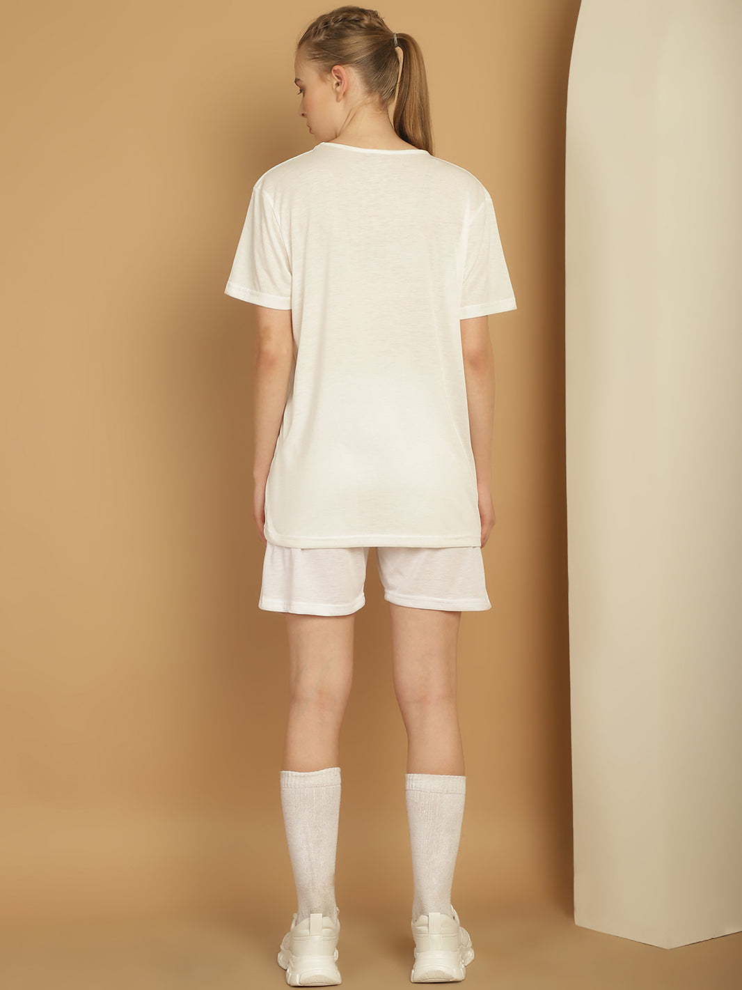 Mack Jonney Printed  White Round Neck Cotton  Half sleeves Co-ord set Tracksuit For Women