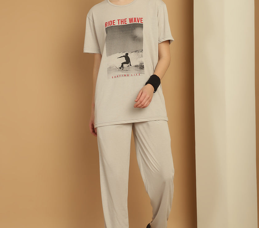 Mack Jonney Printed  Light Grey Round Neck Cotton  Half sleeves Co-ord set Tracksuit For Women
