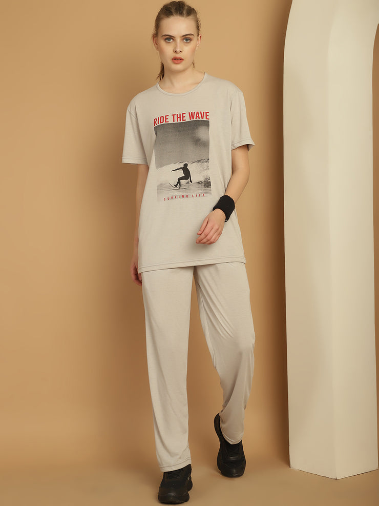 Mack Jonney Printed  Light Grey Round Neck Cotton  Half sleeves Co-ord set Tracksuit For Women