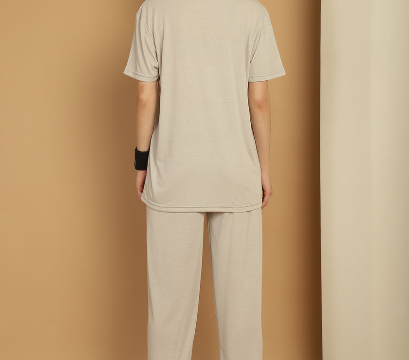 Mack Jonney Printed  Light Grey Round Neck Cotton  Half sleeves Co-ord set Tracksuit For Women