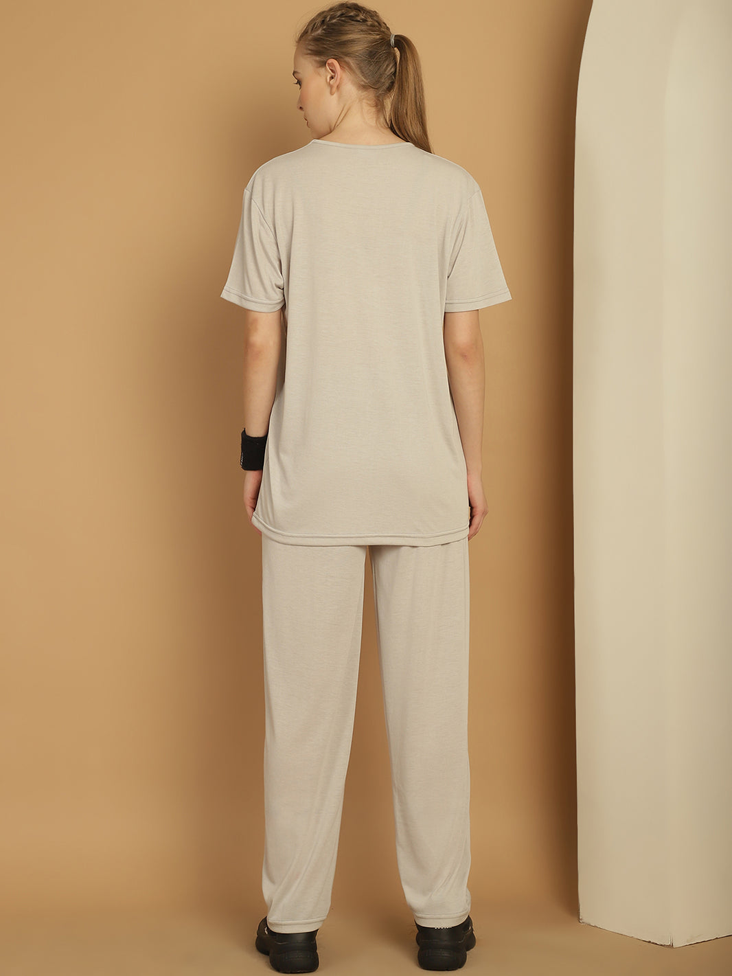 Mack Jonney Printed  Light Grey Round Neck Cotton  Half sleeves Co-ord set Tracksuit For Women