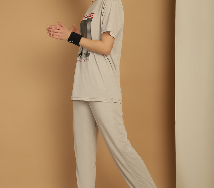 Mack Jonney Printed  Light Grey Round Neck Cotton  Half sleeves Co-ord set Tracksuit For Women