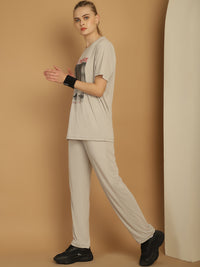 Mack Jonney Printed  Light Grey Round Neck Cotton  Half sleeves Co-ord set Tracksuit For Women