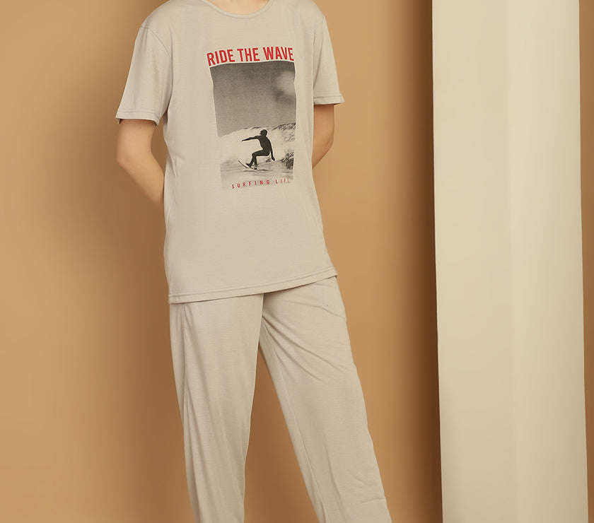 Mack Jonney Printed  Light Grey Round Neck Cotton  Half sleeves Co-ord set Tracksuit For Women