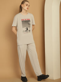 Mack Jonney Printed  Light Grey Round Neck Cotton  Half sleeves Co-ord set Tracksuit For Women