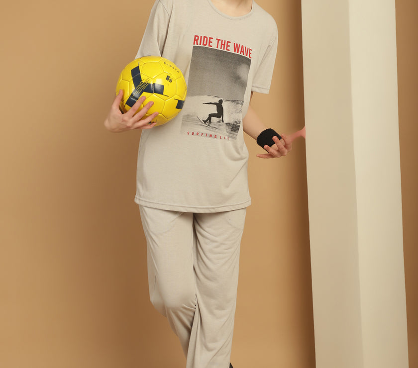 Mack Jonney Printed  Light Grey Round Neck Cotton  Half sleeves Co-ord set Tracksuit For Women