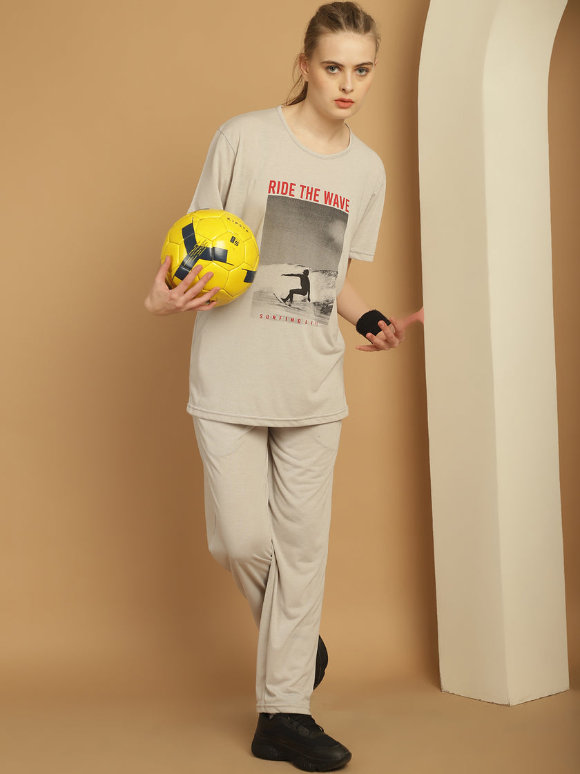 Mack Jonney Printed  Light Grey Round Neck Cotton  Half sleeves Co-ord set Tracksuit For Women