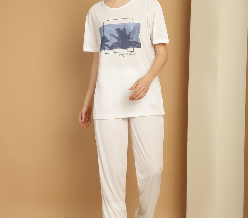 Mack Jonney Printed  White Round Neck Cotton  Half sleeves Co-ord set Tracksuit For Women