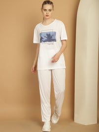 Mack Jonney Printed  White Round Neck Cotton  Half sleeves Co-ord set Tracksuit For Women
