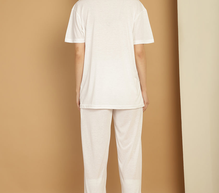 Mack Jonney Printed  White Round Neck Cotton  Half sleeves Co-ord set Tracksuit For Women