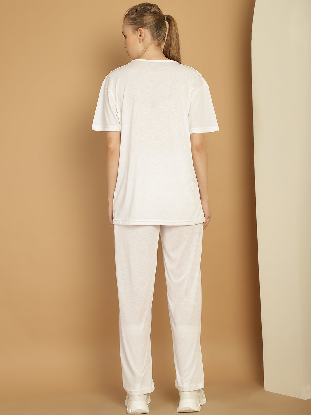 Mack Jonney Printed  White Round Neck Cotton  Half sleeves Co-ord set Tracksuit For Women