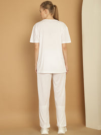 Mack Jonney Printed  White Round Neck Cotton  Half sleeves Co-ord set Tracksuit For Women