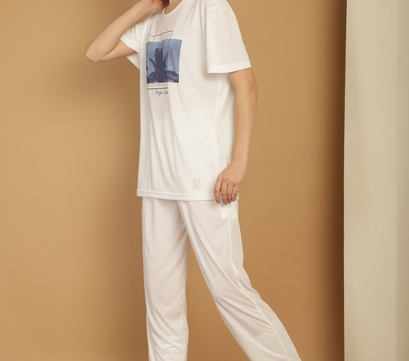 Mack Jonney Printed  White Round Neck Cotton  Half sleeves Co-ord set Tracksuit For Women