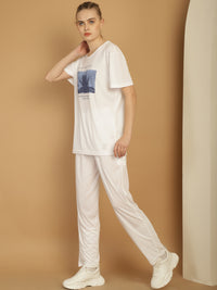 Mack Jonney Printed  White Round Neck Cotton  Half sleeves Co-ord set Tracksuit For Women