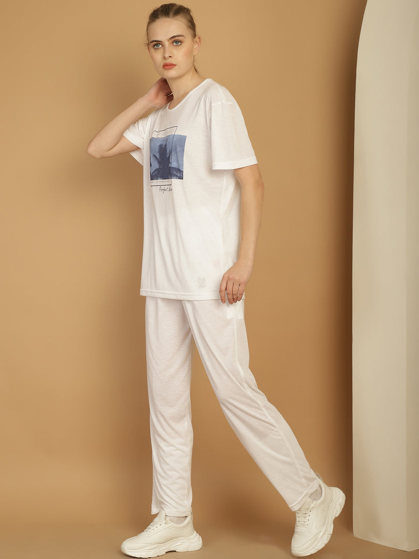 Mack Jonney Printed  White Round Neck Cotton  Half sleeves Co-ord set Tracksuit For Women