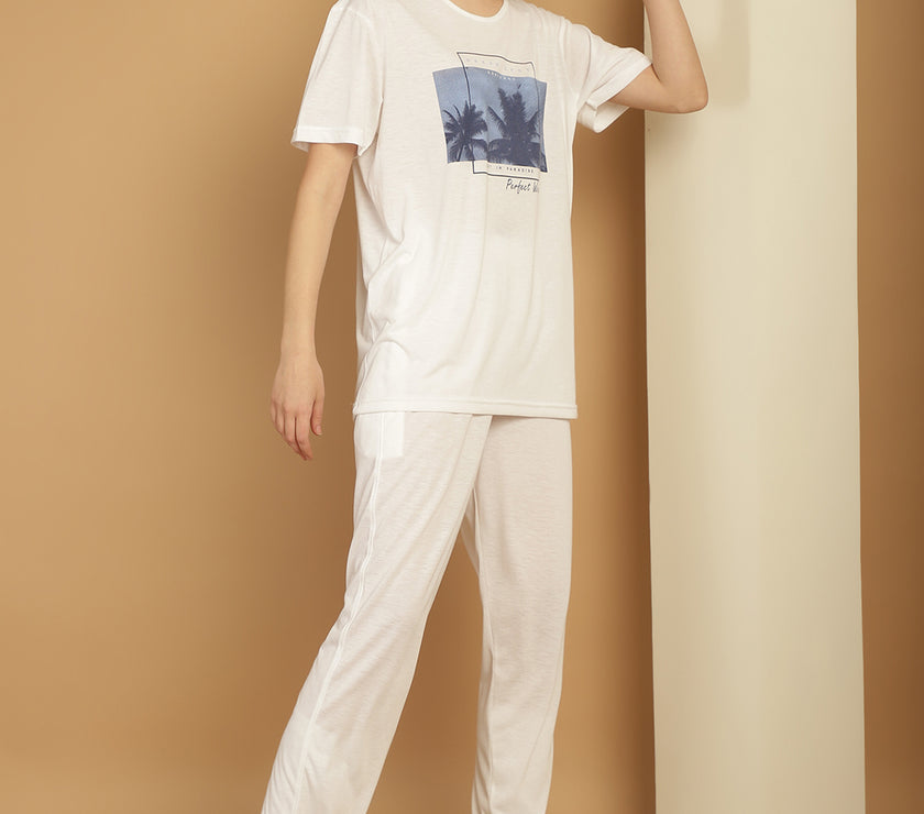 Mack Jonney Printed  White Round Neck Cotton  Half sleeves Co-ord set Tracksuit For Women