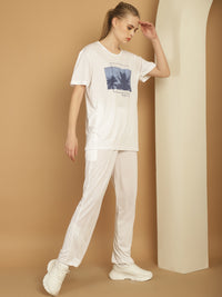 Mack Jonney Printed  White Round Neck Cotton  Half sleeves Co-ord set Tracksuit For Women