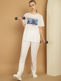 Mack Jonney Printed  White Round Neck Cotton  Half sleeves Co-ord set Tracksuit For Women