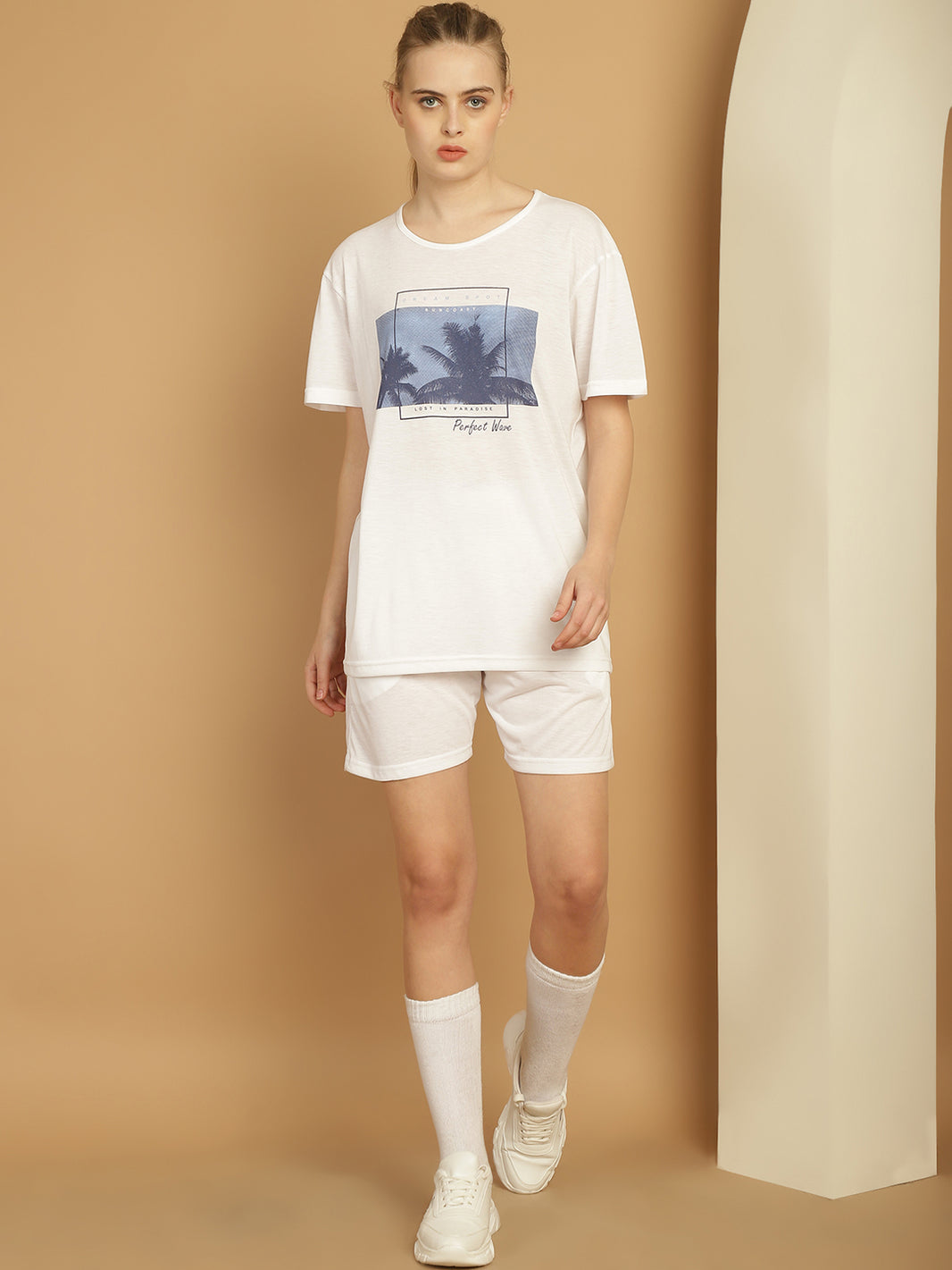 Mack Jonney Printed  White Round Neck Cotton  Half sleeves Co-ord set Tracksuit For Women