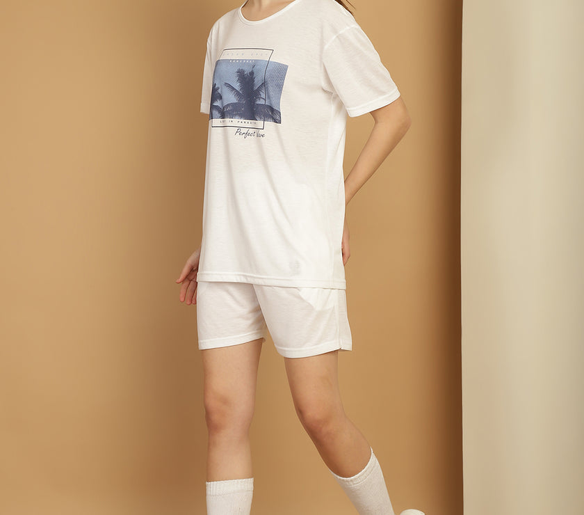 Mack Jonney Printed  White Round Neck Cotton  Half sleeves Co-ord set Tracksuit For Women