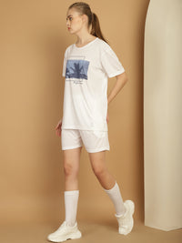 Mack Jonney Printed  White Round Neck Cotton  Half sleeves Co-ord set Tracksuit For Women
