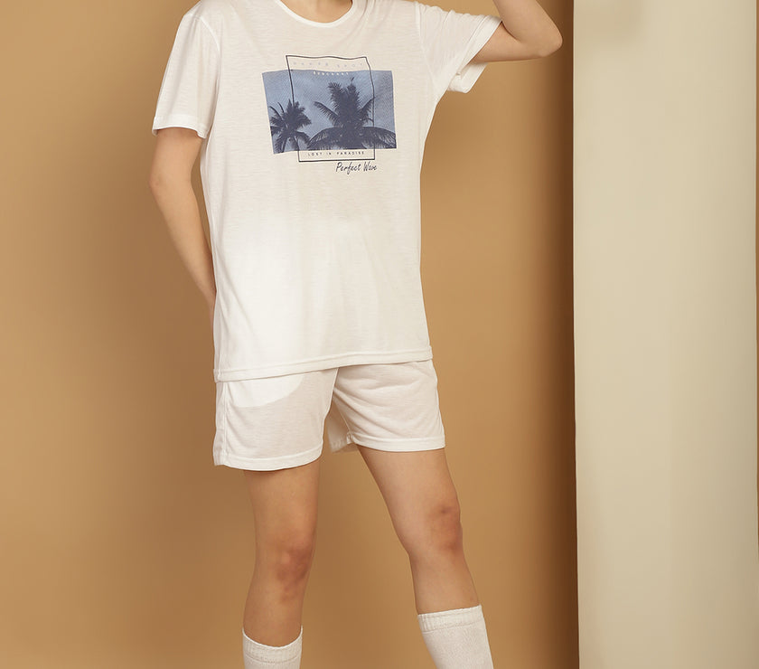 Mack Jonney Printed  White Round Neck Cotton  Half sleeves Co-ord set Tracksuit For Women