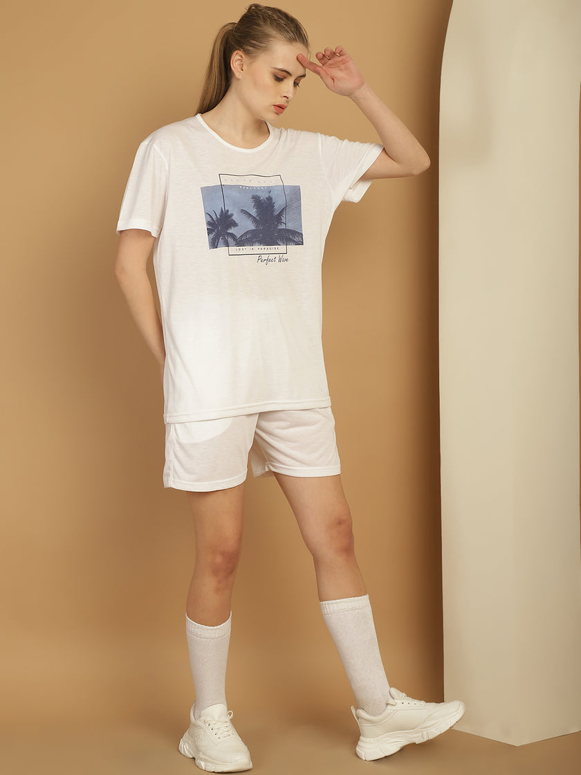 Mack Jonney Printed  White Round Neck Cotton  Half sleeves Co-ord set Tracksuit For Women