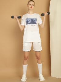 Mack Jonney Printed  White Round Neck Cotton  Half sleeves Co-ord set Tracksuit For Women