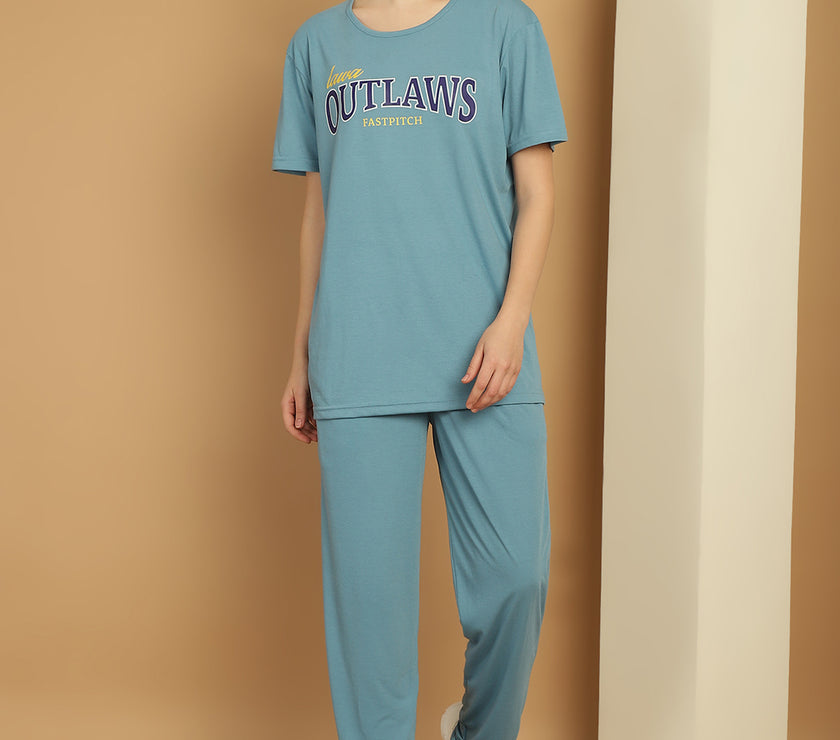 Mack Jonney Printed  Blue Round Neck Cotton  Half sleeves Co-ord set Tracksuit For Women