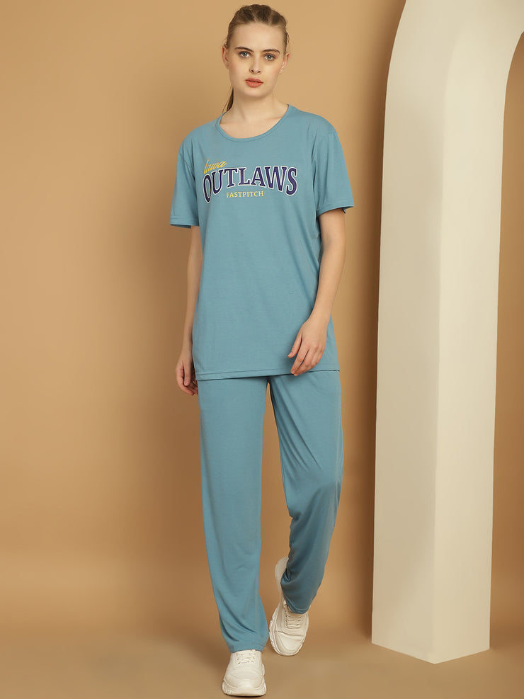 Mack Jonney Printed  Blue Round Neck Cotton  Half sleeves Co-ord set Tracksuit For Women