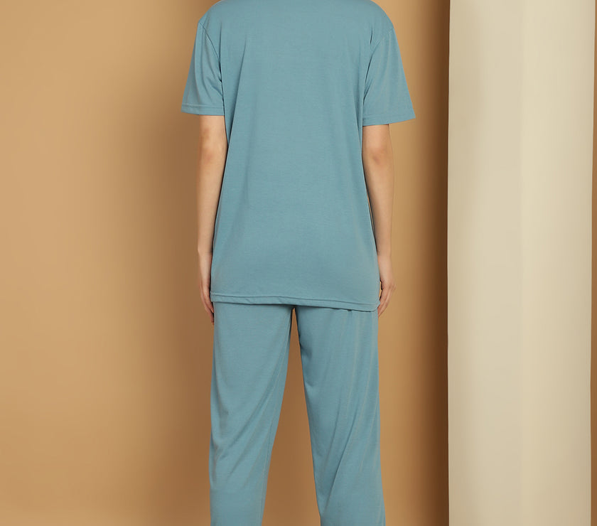 Mack Jonney Printed  Blue Round Neck Cotton  Half sleeves Co-ord set Tracksuit For Women